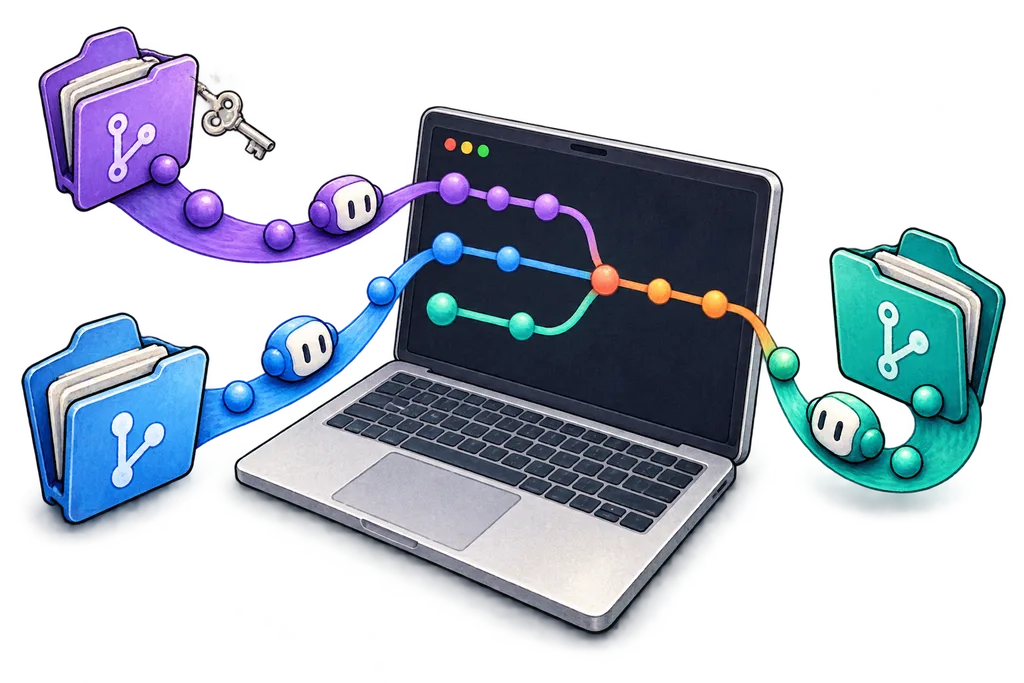 A silver laptop with colourful Git branches connecting several repo folders