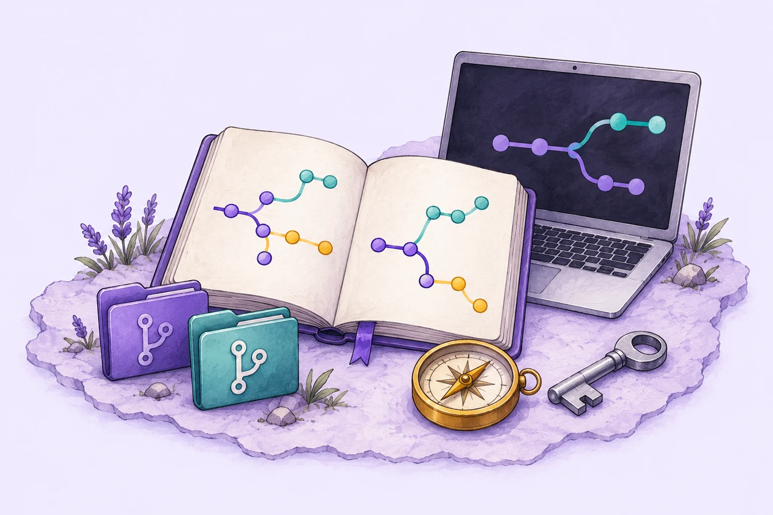 An illustrated Git field guide with a laptop, repo folders, SSH key and colourful branch trails